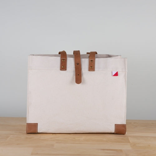 Heavyweight canvas box tote bag with thick leather handles