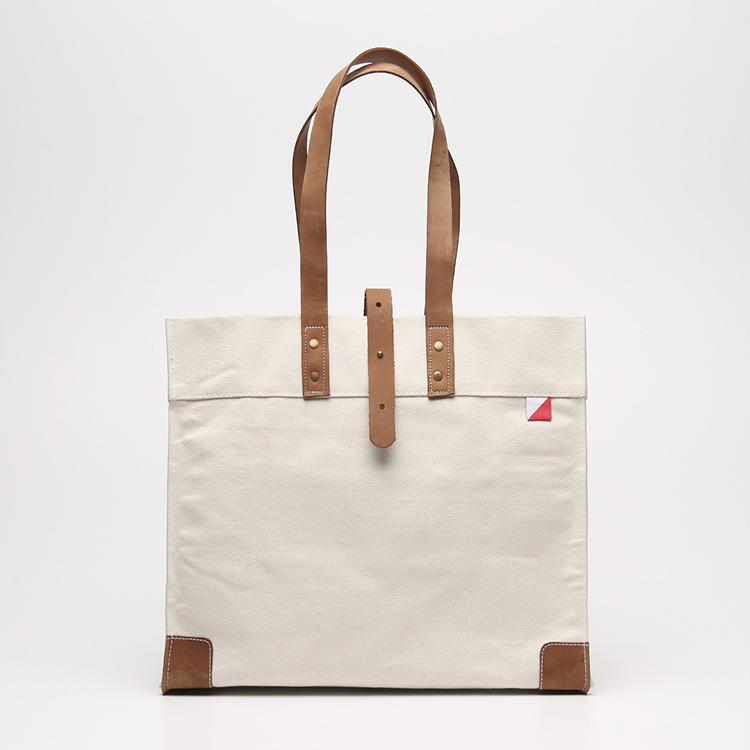 Heavyweight canvas box tote bag with thick leather handles
