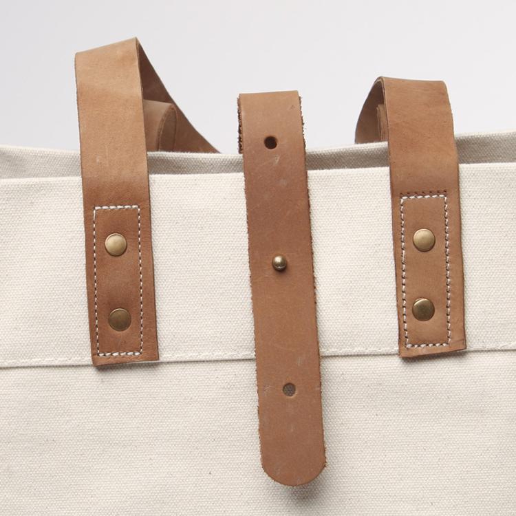 Heavyweight canvas box tote bag with thick leather handles