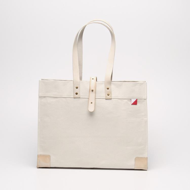 Heavyweight canvas box tote bag with thick leather handles