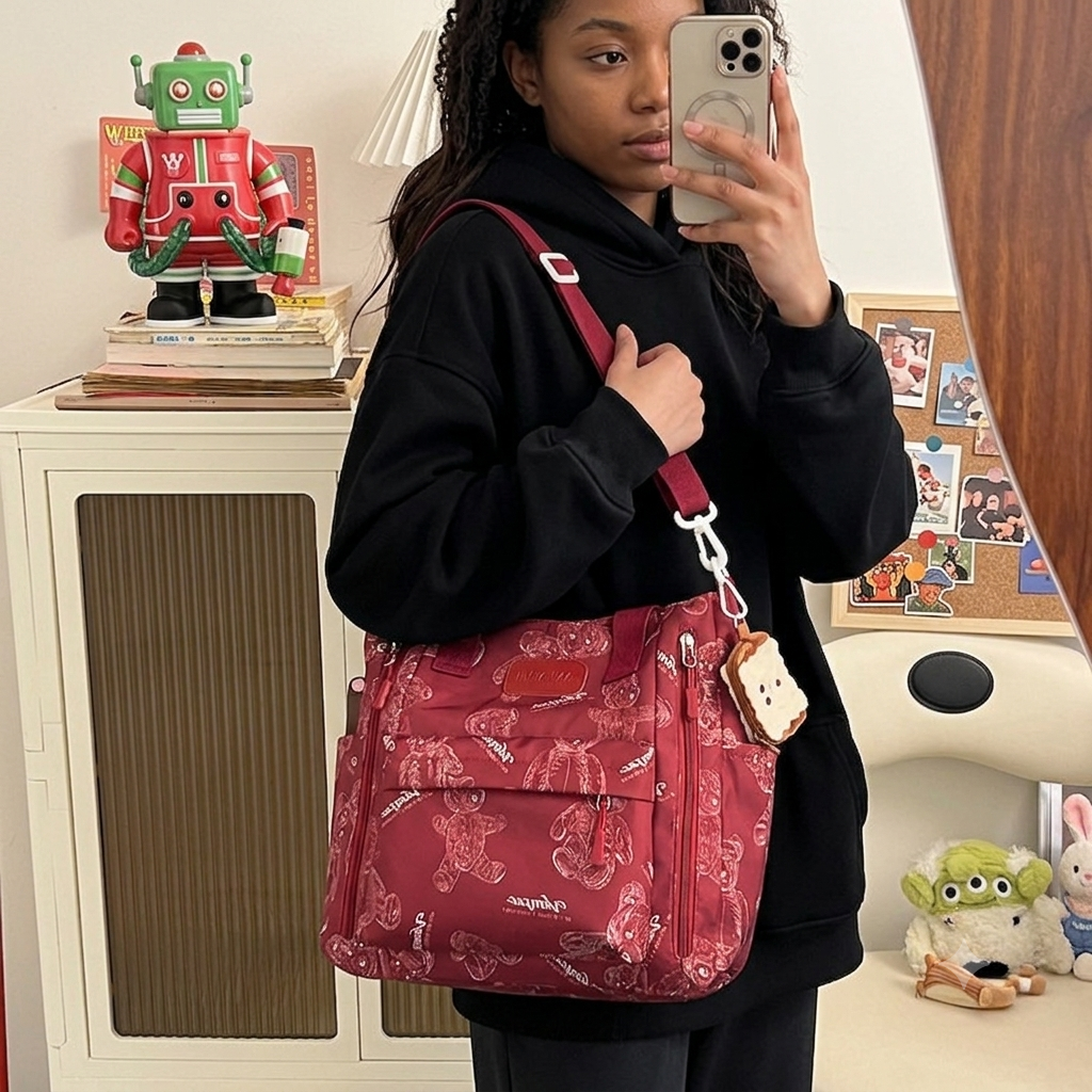 Lifestyle photo of the Everyday Bear crossbody tote styled for everyday wear