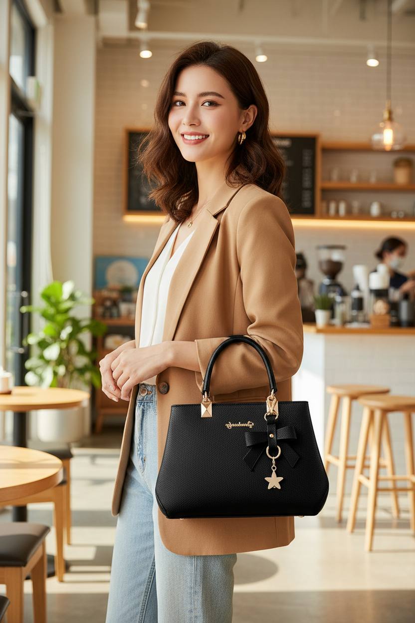 Lifestyle - American woman with Bowtie Handbag in LA coffee shop